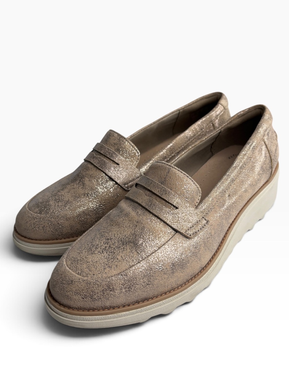 Clarks Sharon Ranch Penny Loafer Platform Suede Gold Pewter Metallic Flat Sz 9.5